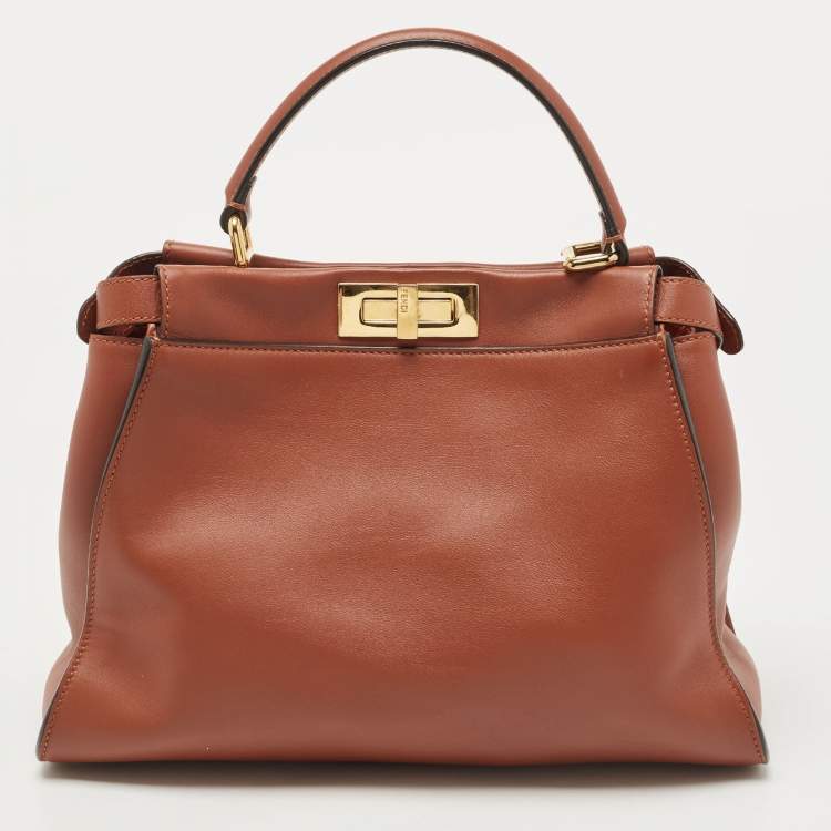 Pre Owned Fendi Dark Brown Leather Medium Pocket Peekaboo Top Handle Bag