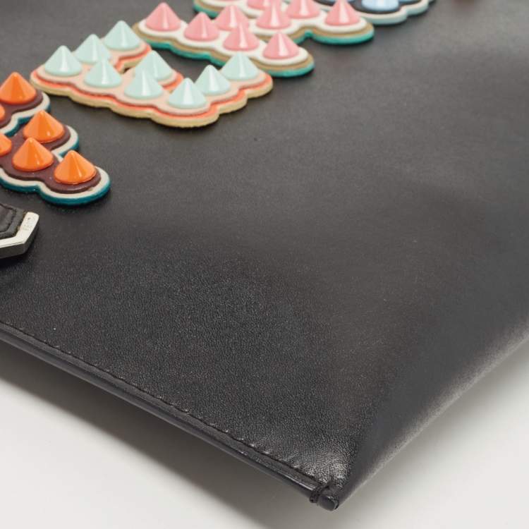 Pre Owned Fendi Black Leather Studded Logo Zip Pouch