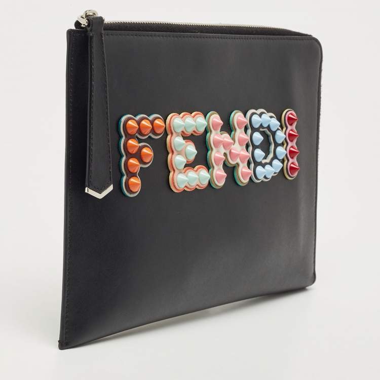 Pre Owned Fendi Black Leather Studded Logo Zip Pouch