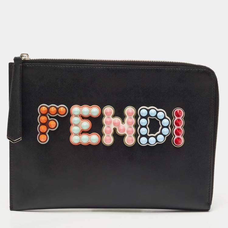 Pre Owned Fendi Black Leather Studded Logo Zip Pouch