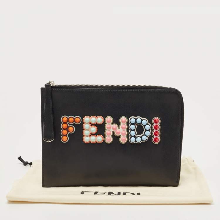 Pre Owned Fendi Black Leather Studded Logo Zip Pouch