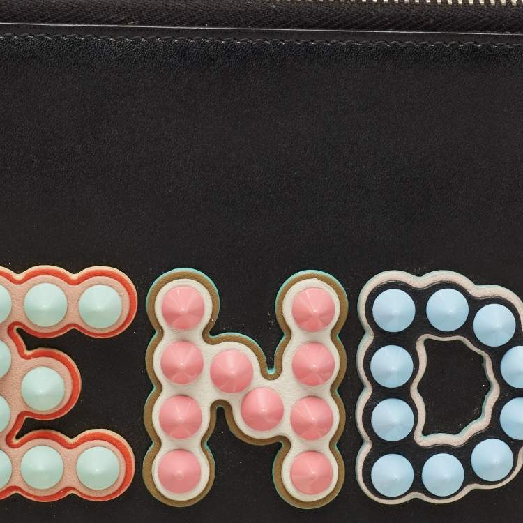 Pre Owned Fendi Black Leather Studded Logo Zip Pouch