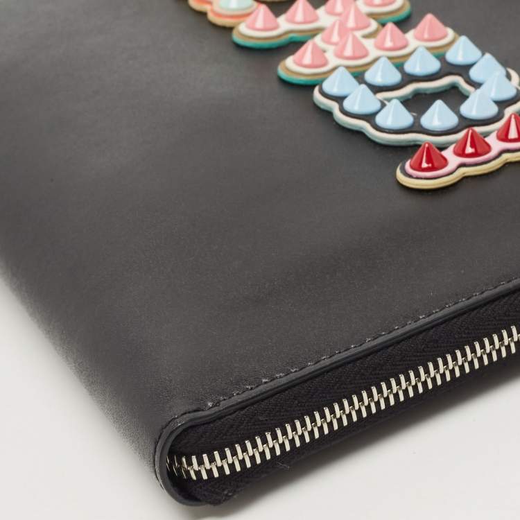 Pre Owned Fendi Black Leather Studded Logo Zip Pouch
