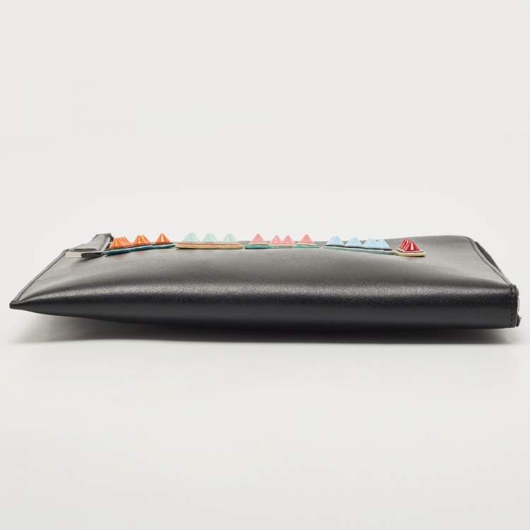 Pre Owned Fendi Black Leather Studded Logo Zip Pouch