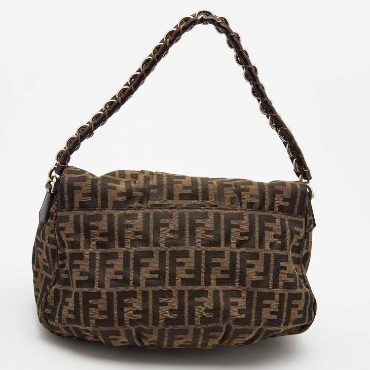 Pre Owned Fendi Tobacco Zucca Canvas and Patent Leather Mia Flap Shoulder Bag