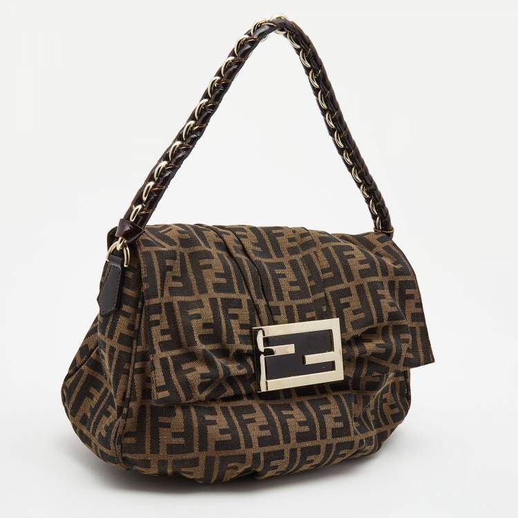 Pre Owned Fendi Tobacco Zucca Canvas and Patent Leather Mia Flap Shoulder Bag
