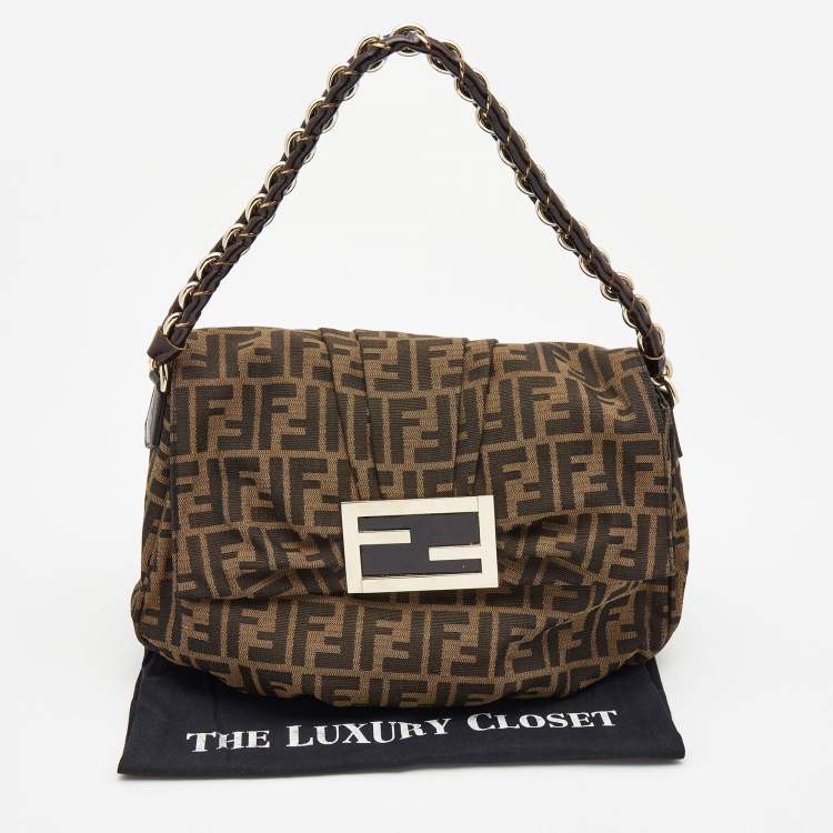 Pre Owned Fendi Tobacco Zucca Canvas and Patent Leather Mia Flap Shoulder Bag