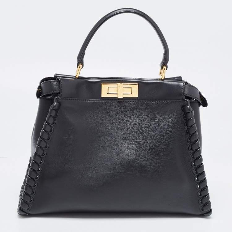 Pre Owned Fendi Black Leather Medium Whipstitched Peekaboo Top Handle Bag