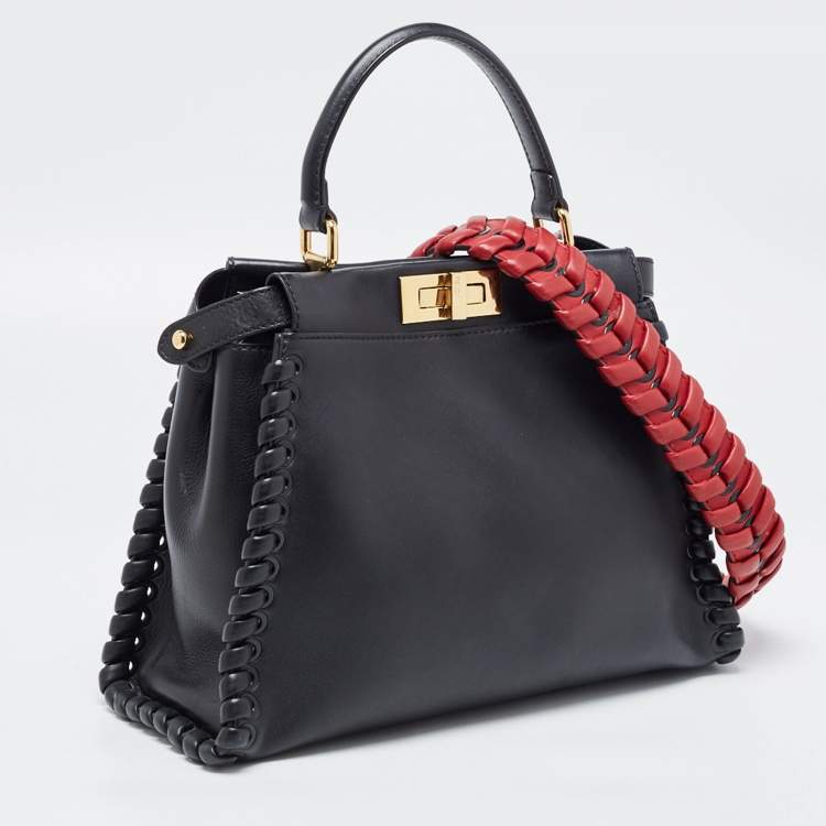 Pre Owned Fendi Black Leather Medium Whipstitched Peekaboo Top Handle Bag