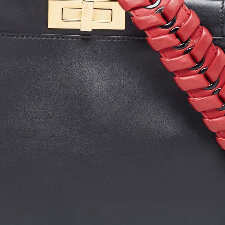Pre Owned Fendi Black Leather Medium Whipstitched Peekaboo Top Handle Bag