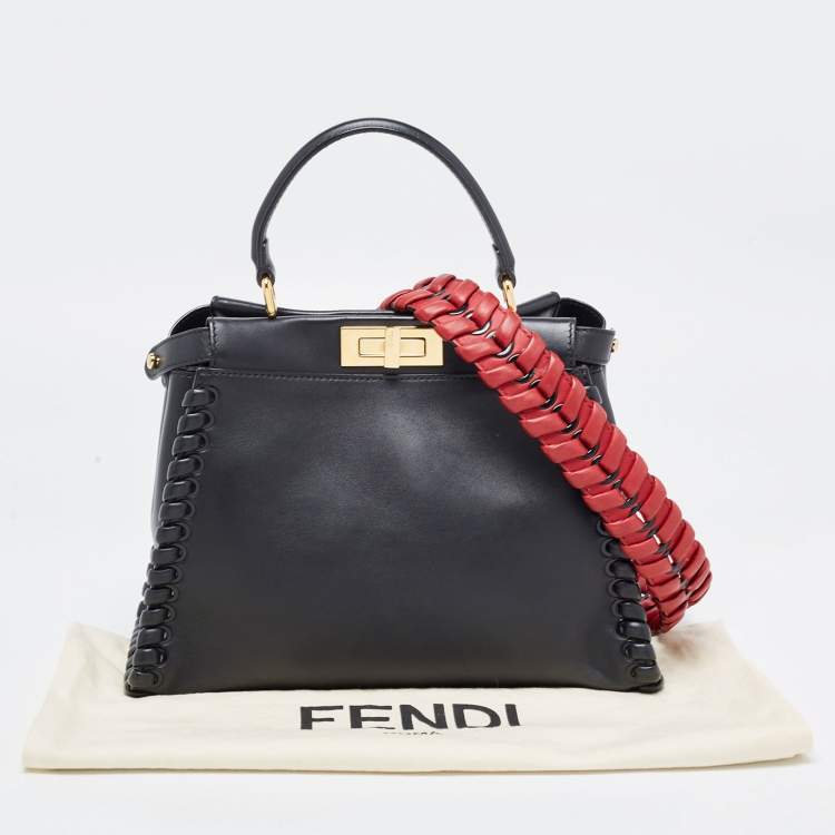 Pre Owned Fendi Black Leather Medium Whipstitched Peekaboo Top Handle Bag