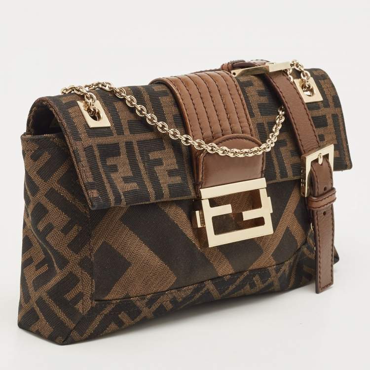 Pre Owned Fendi Brown/Tobacco Zucca Canvas Chain Baguette Bag