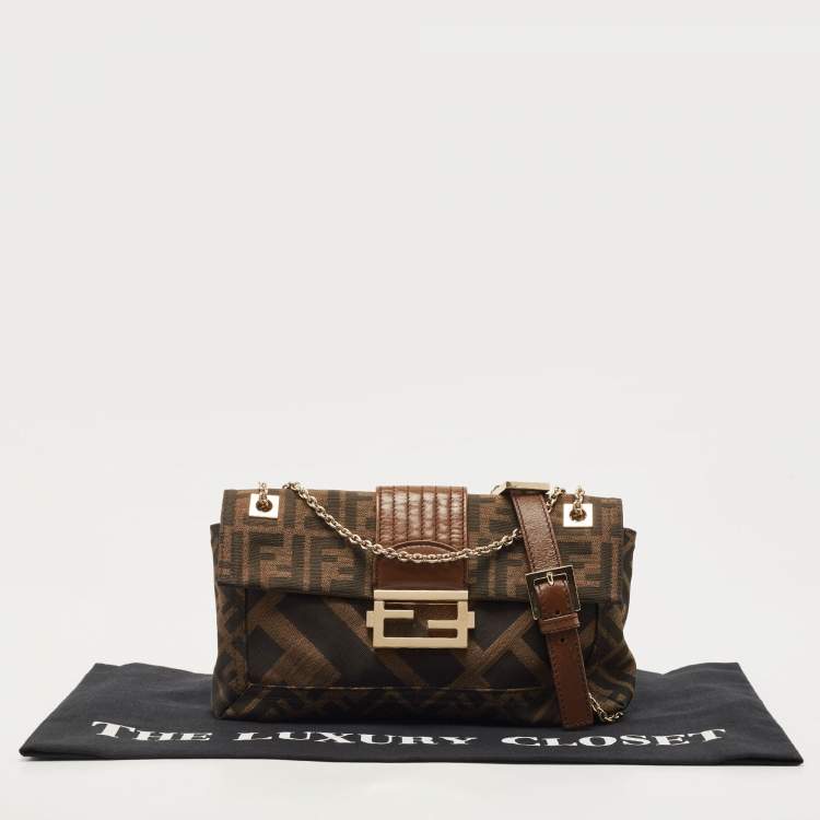 Pre Owned Fendi Brown/Tobacco Zucca Canvas Chain Baguette Bag