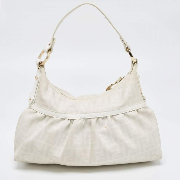 Pre Owned Fendi Off White/Grey Zucca Coated Canvas and Leather Chef Hobo