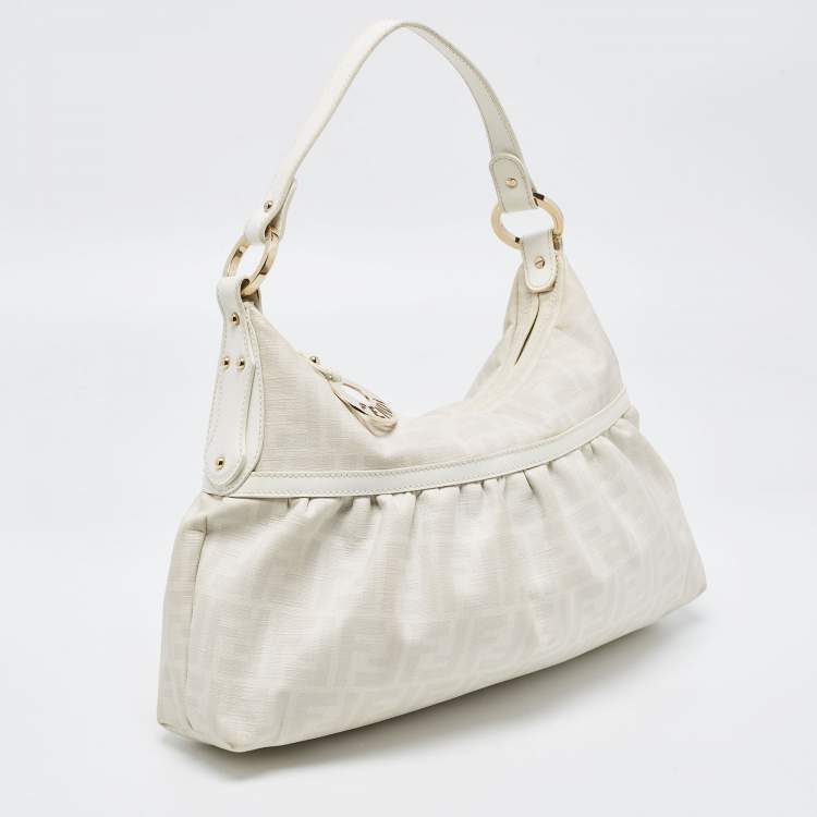 Pre Owned Fendi Off White/Grey Zucca Coated Canvas and Leather Chef Hobo