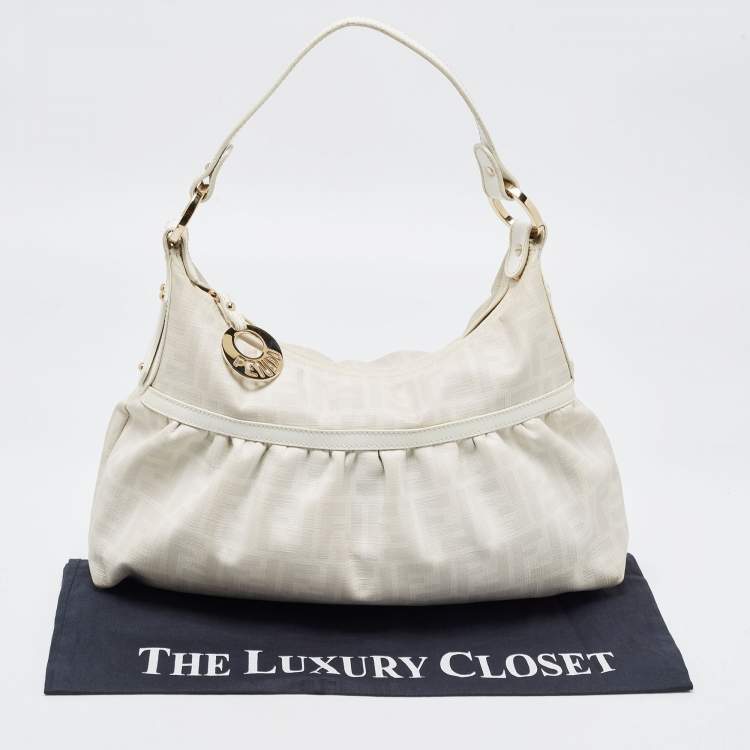 Pre Owned Fendi Off White/Grey Zucca Coated Canvas and Leather Chef Hobo