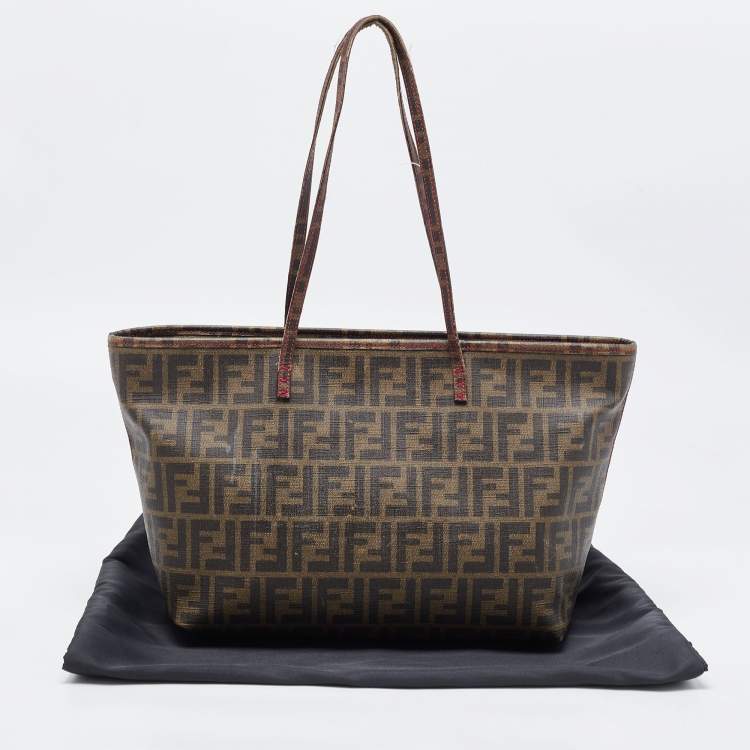 Pre Owned Fendi Tobacco Zucca Coated Canvas and Leather Roll Tote
