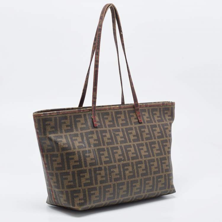 Pre Owned Fendi Tobacco Zucca Coated Canvas and Leather Roll Tote