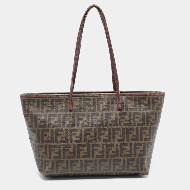 Pre Owned Fendi Tobacco Zucca Coated Canvas and Leather Roll Tote