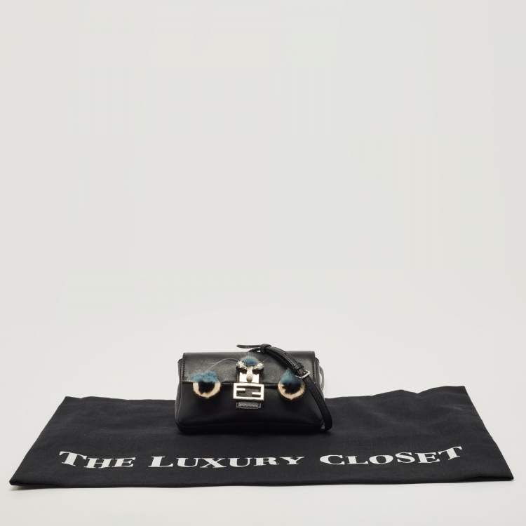 Pre Owned Fendi Black Leather and Fur Micro Monster Baguette Bag