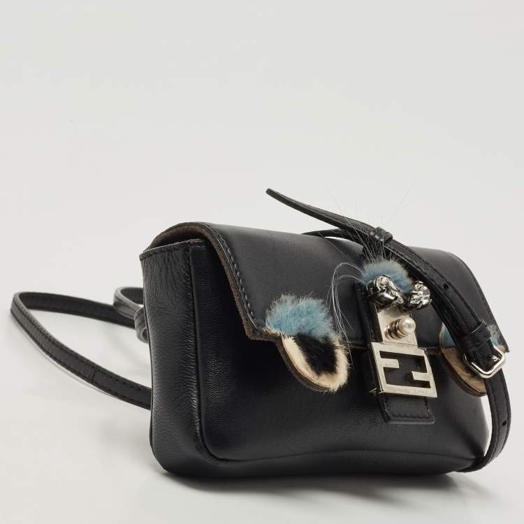 Pre Owned Fendi Black Leather and Fur Micro Monster Baguette Bag