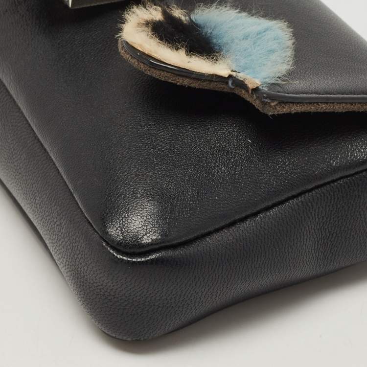 Pre Owned Fendi Black Leather and Fur Micro Monster Baguette Bag