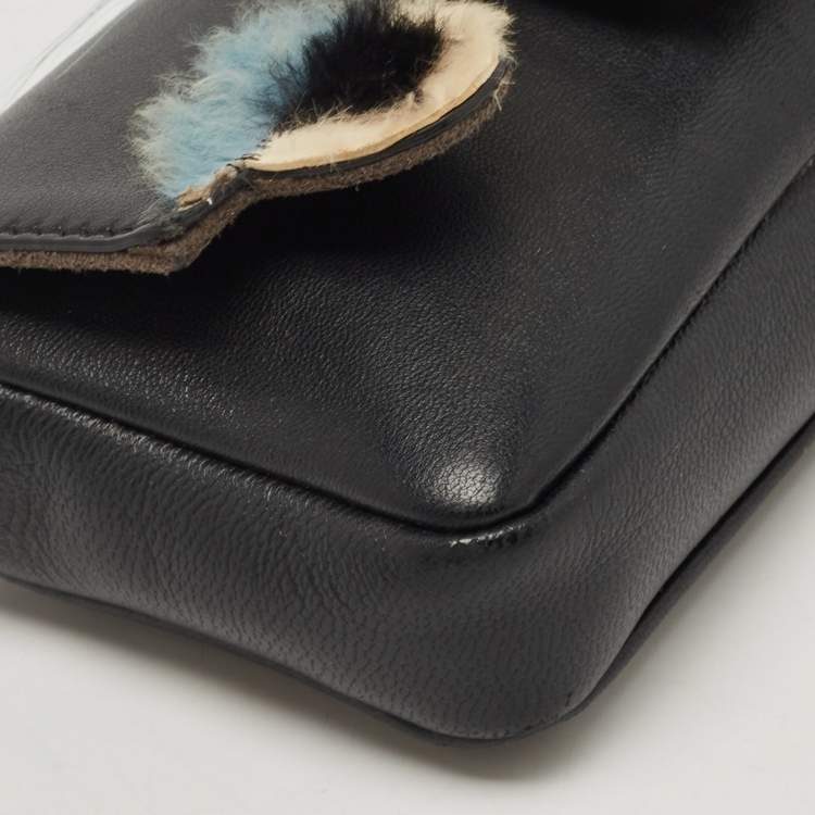Pre Owned Fendi Black Leather and Fur Micro Monster Baguette Bag