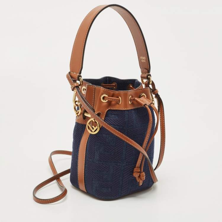 Pre Owned Fendi Blue/Tan Denim and Leather Mini Mon Tresor Bucket Bag