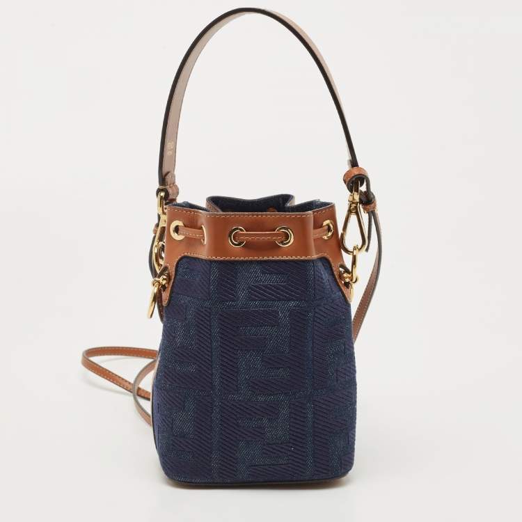 Pre Owned Fendi Blue/Tan Denim and Leather Mini Mon Tresor Bucket Bag