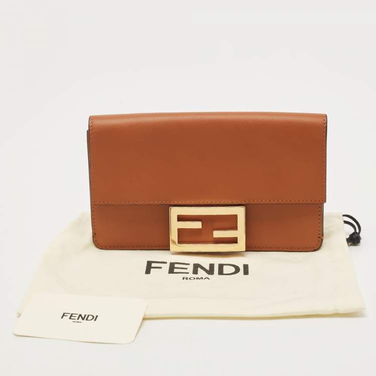 Pre Owned Fendi Brown Leather FF Flat Baguette Clutch