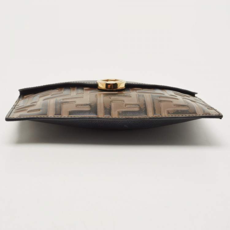 Pre Owned Fendi Brown/Black Embossed FF Leather F is Fendi Slim Pouch 