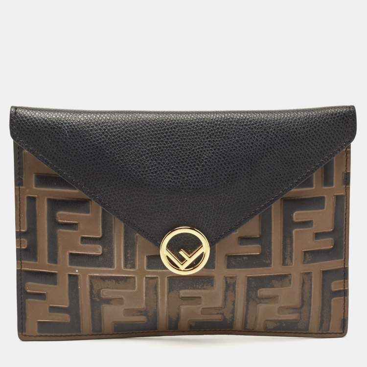 Pre Owned Fendi Brown/Black Embossed FF Leather F is Fendi Slim Pouch 