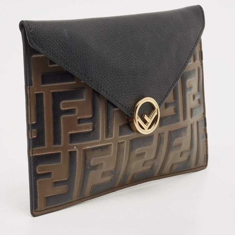 Pre Owned Fendi Brown/Black Embossed FF Leather F is Fendi Slim Pouch 