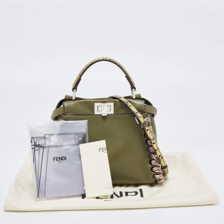 Pre Owned Fendi Olive Green Leather and Python Mini Whipstitch Peekaboo Top Handle Bag