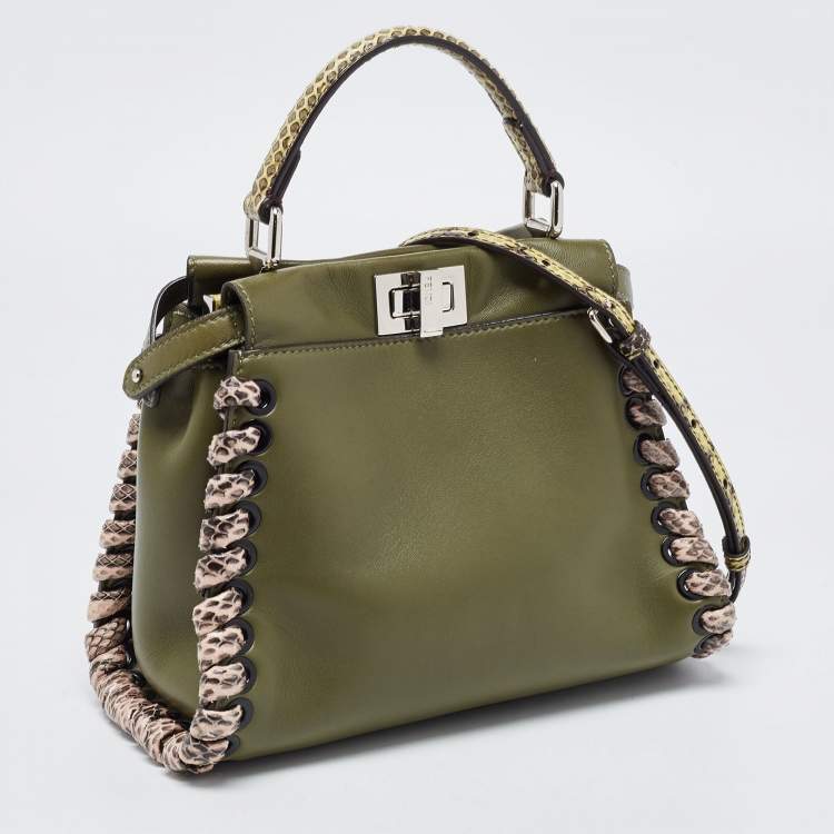 Pre Owned Fendi Olive Green Leather and Python Mini Whipstitch Peekaboo Top Handle Bag