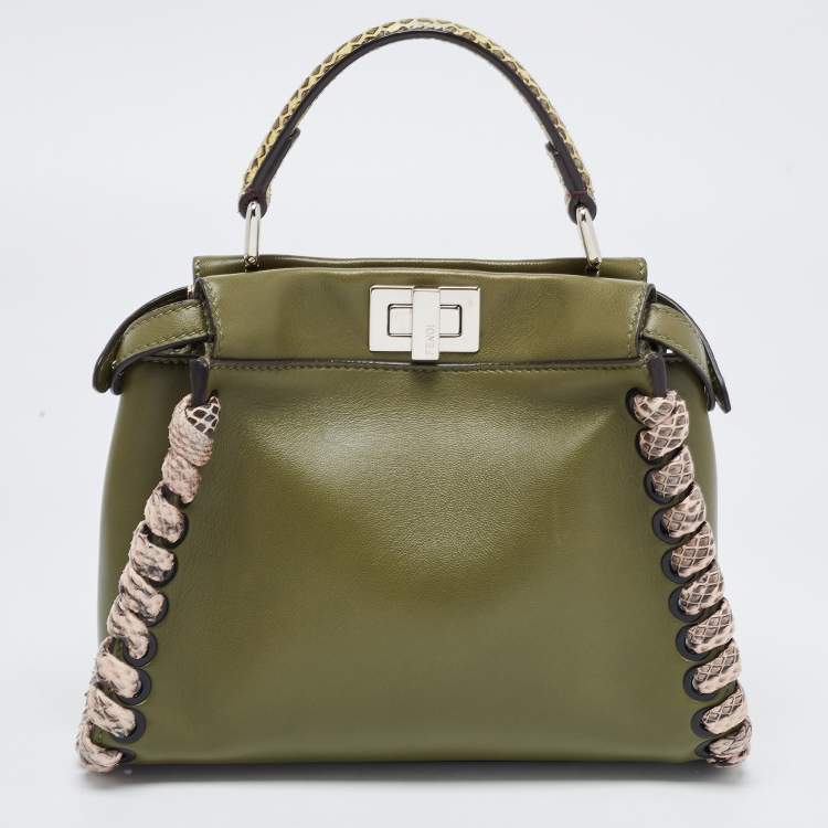 Pre Owned Fendi Olive Green Leather and Python Mini Whipstitch Peekaboo Top Handle Bag