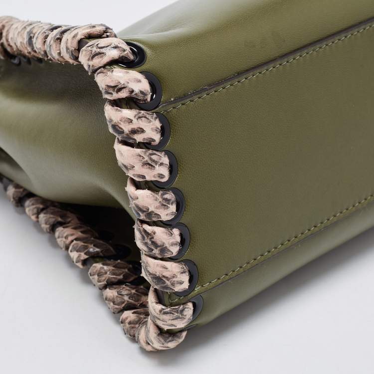Pre Owned Fendi Olive Green Leather and Python Mini Whipstitch Peekaboo Top Handle Bag