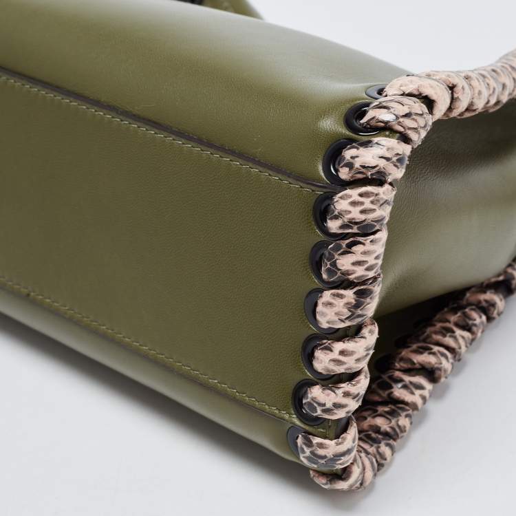 Pre Owned Fendi Olive Green Leather and Python Mini Whipstitch Peekaboo Top Handle Bag