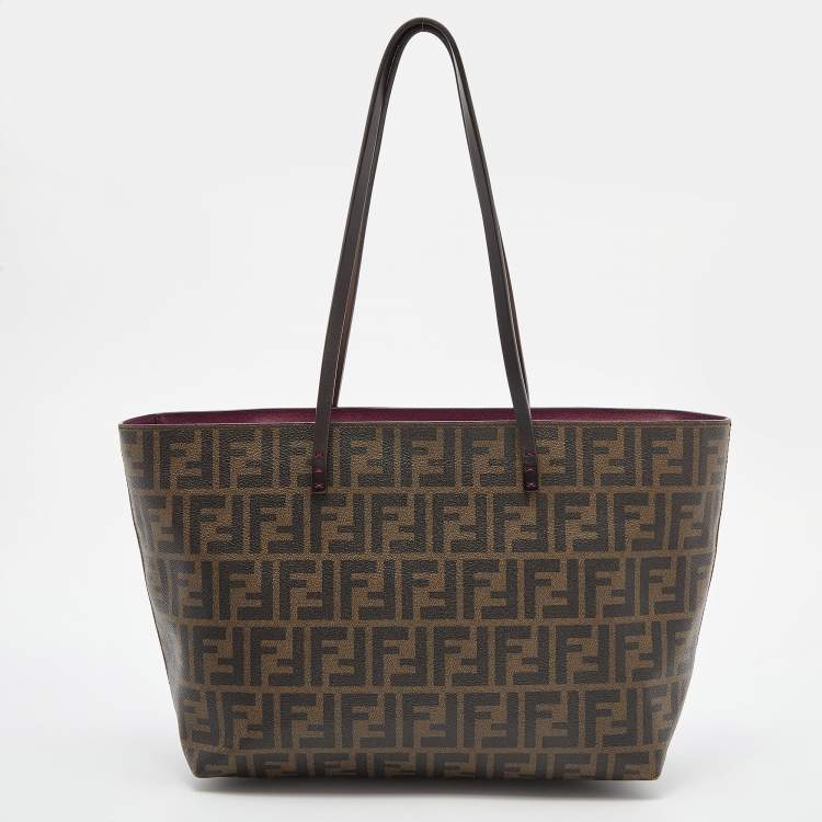 Pre Owned Fendi Tobacco Zucca Coated Canvas and Leather Small Roll Shopper Tote