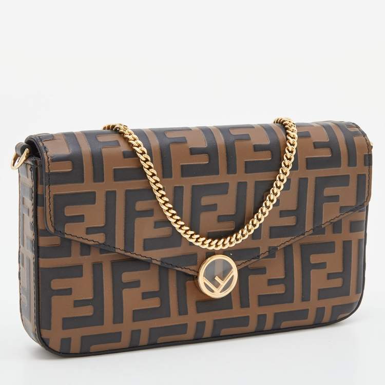 Pre Owned Fendi Tobacco/Black Zucca Leather Small FF Wallet On Chain