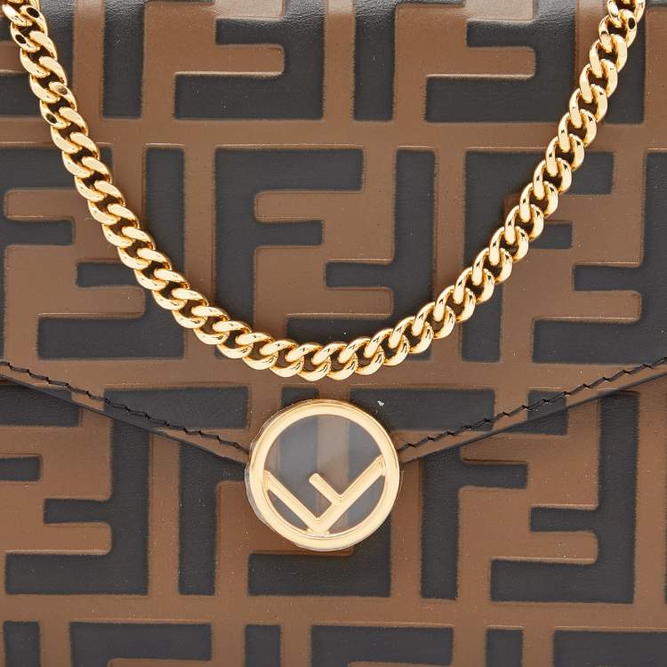 Pre Owned Fendi Tobacco/Black Zucca Leather Small FF Wallet On Chain