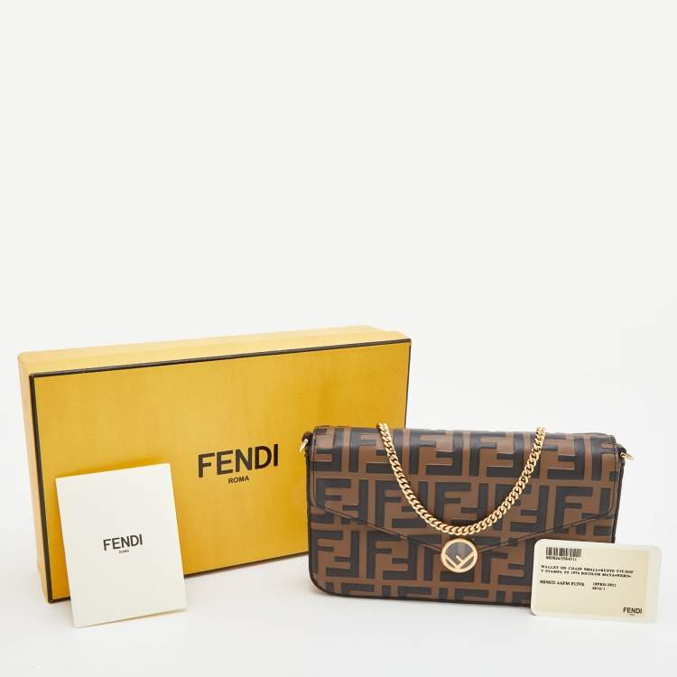 Pre Owned Fendi Tobacco/Black Zucca Leather Small FF Wallet On Chain