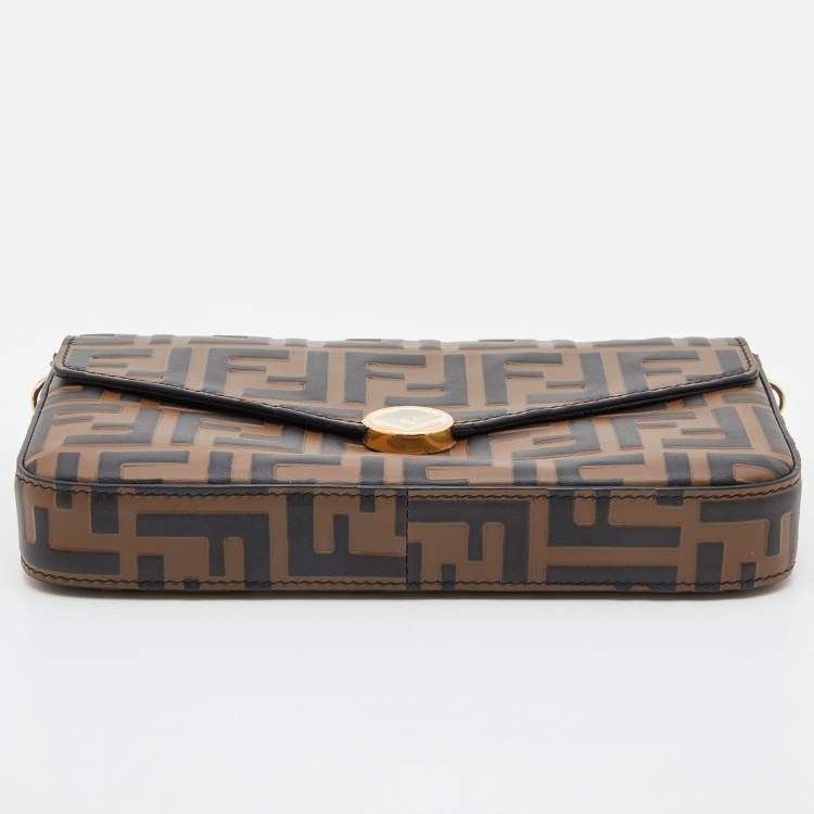 Pre Owned Fendi Tobacco/Black Zucca Leather Small FF Wallet On Chain