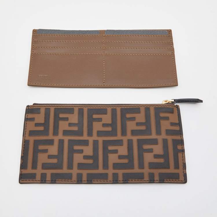 Pre Owned Fendi Tobacco/Black Zucca Leather Small FF Wallet On Chain