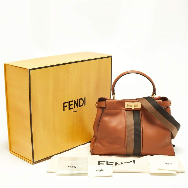 Pre Owned Fendi Brown Leather Medium Stripe Peekaboo Top Handle Bag