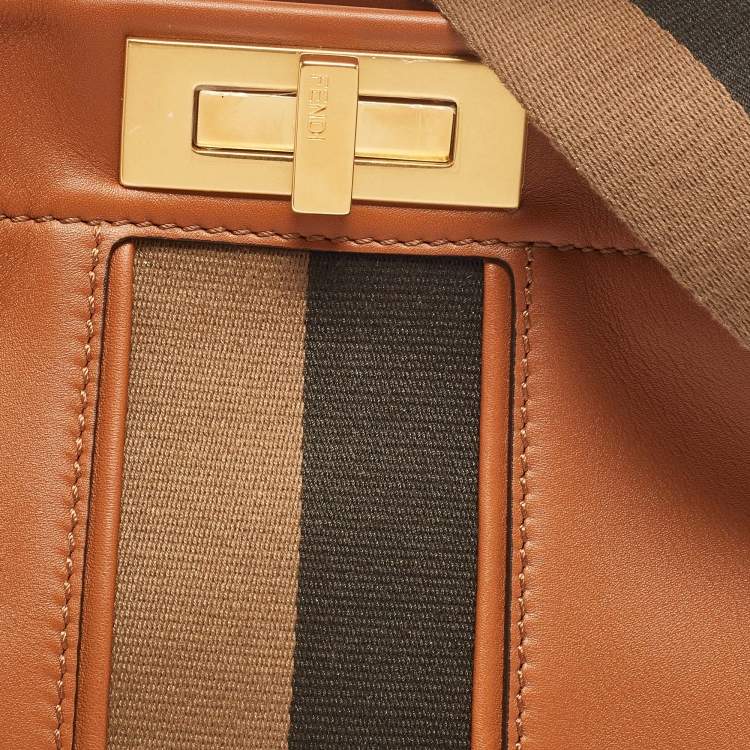 Pre Owned Fendi Brown Leather Medium Stripe Peekaboo Top Handle Bag