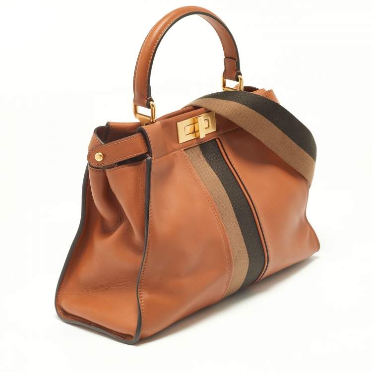 Pre Owned Fendi Brown Leather Medium Stripe Peekaboo Top Handle Bag