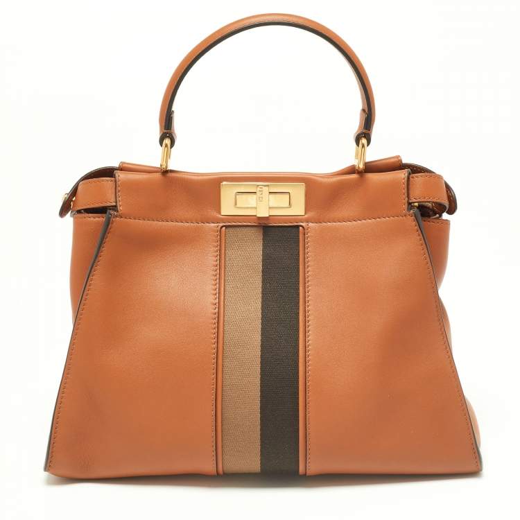 Pre Owned Fendi Brown Leather Medium Stripe Peekaboo Top Handle Bag