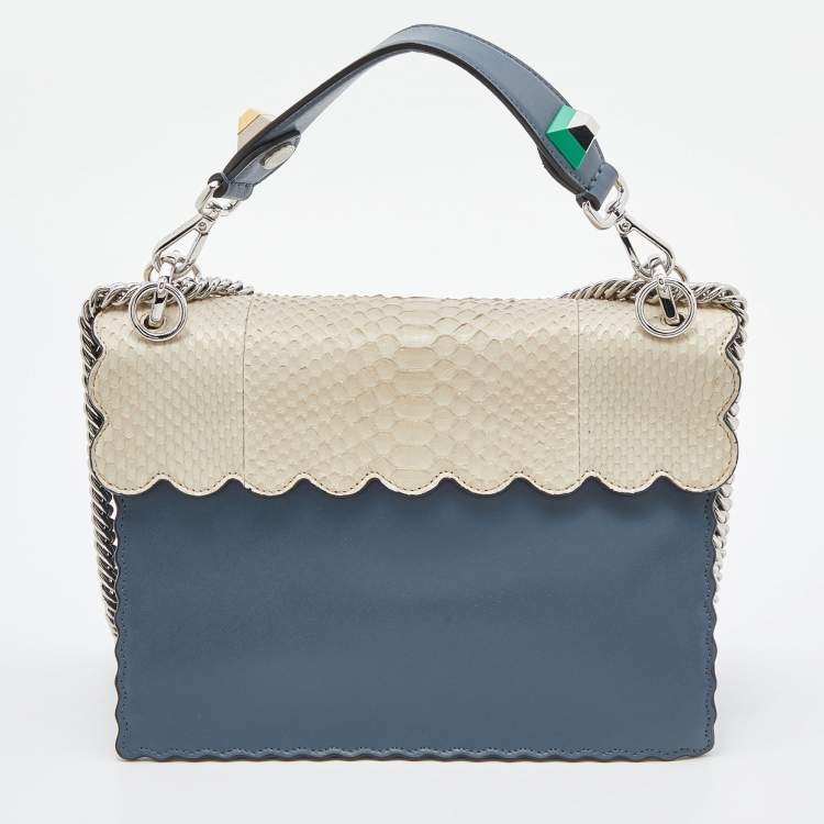 Pre Owned Fendi Blue/Beige Scalloped Leather Medium Kan I Shoulder Bag