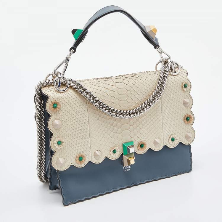 Pre Owned Fendi Blue/Beige Scalloped Leather Medium Kan I Shoulder Bag